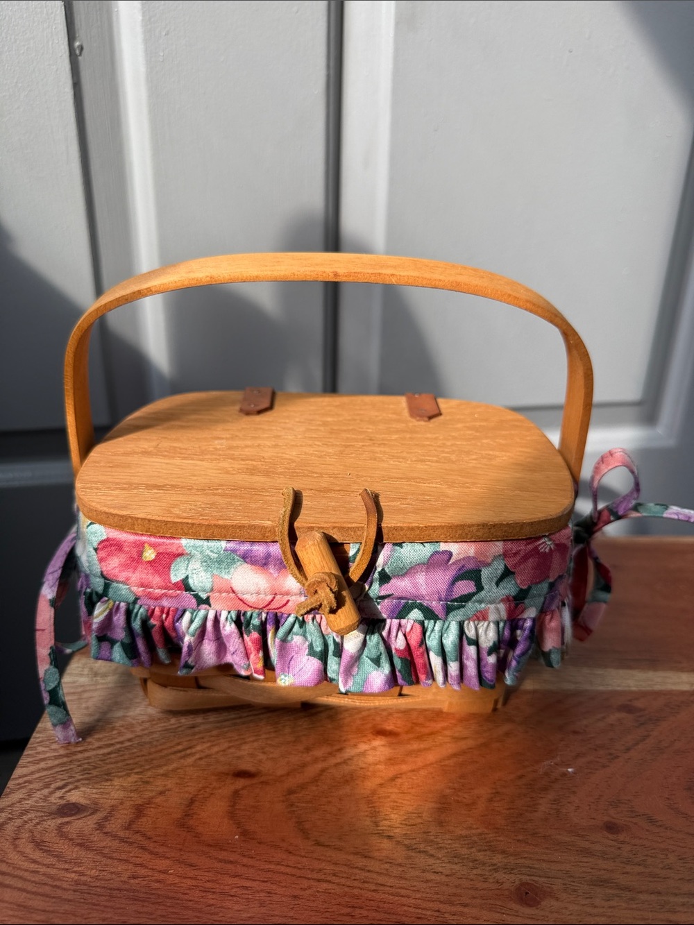 Longaberger Wooden Handled Basket Bag with Pink & Purple Floral Trim